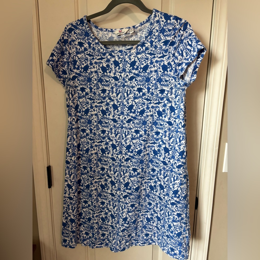 🐠🐢🦩Vineyard Vines Blue Tropical Ocean Turtle Flamingo Shirt Dress Blue 🦩🐢🐠